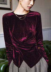 Mulberry Silk Velour Blusen Asymmetrische Taste Lange Ärmel